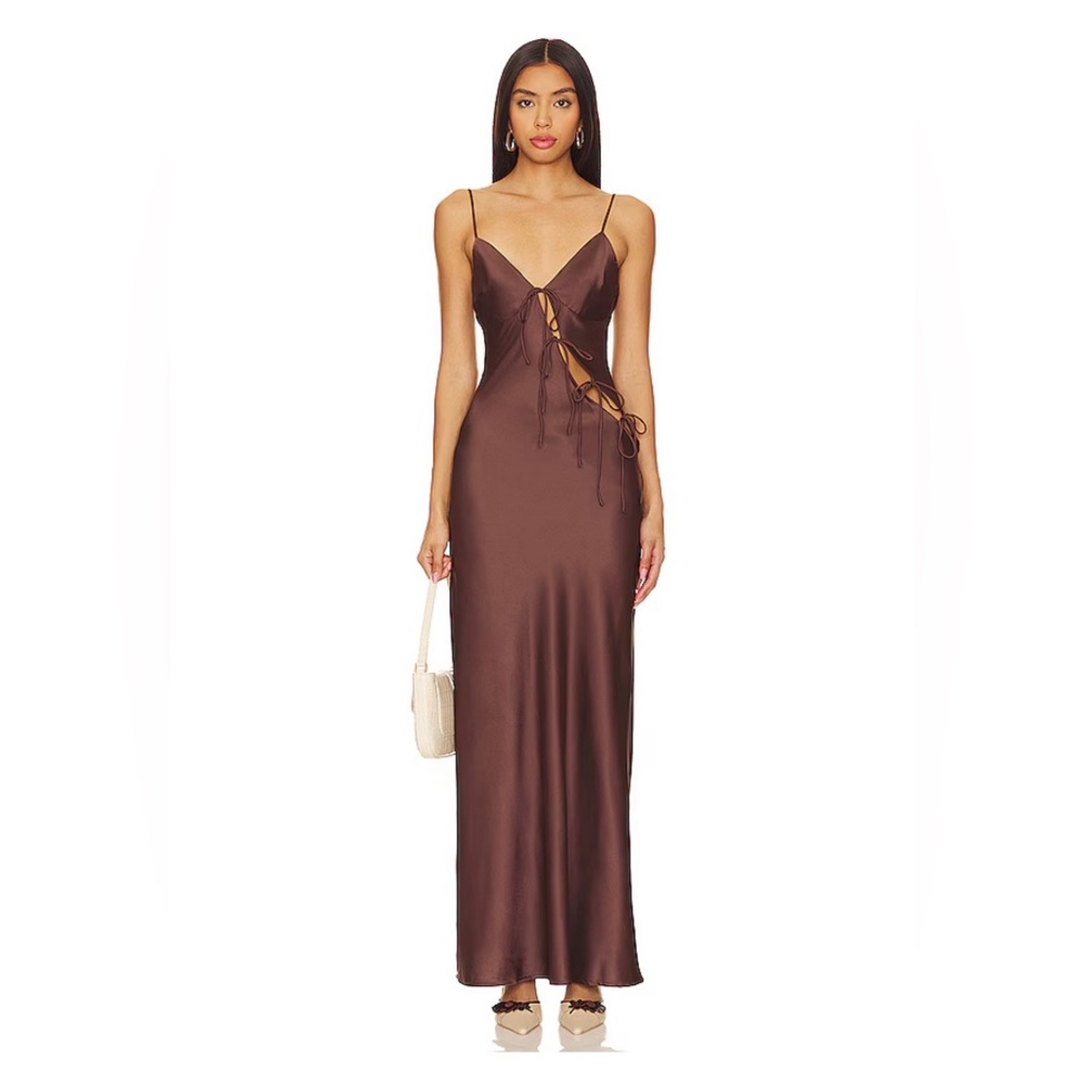 Lioness Brown Satin Maxi Dress with Lace-Up Detail